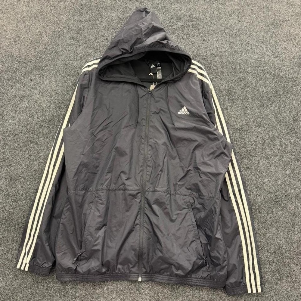 Adidas Windbreaker Jacket Men's XL Black Hooded Full Zip 3 Stripe New With Tags
